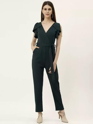 Darzi Women's Lycra Blend Solid V-Neck Jumpsuit Roposo Clout